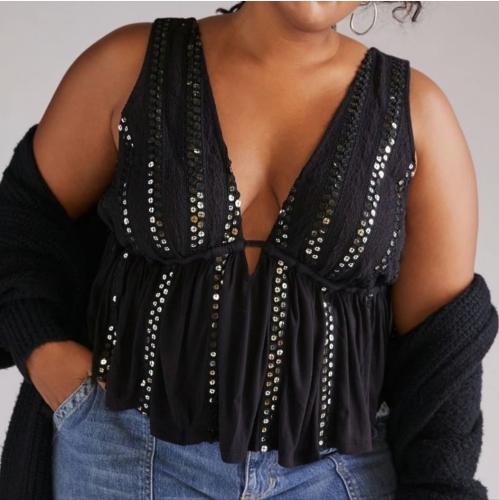 Anthropologie Black Sequin V-Neck Tank
